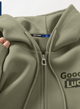 GENIOLAMODE潮牌卫衣男生春秋款痞帅小众军绿色goodluck开衫外套