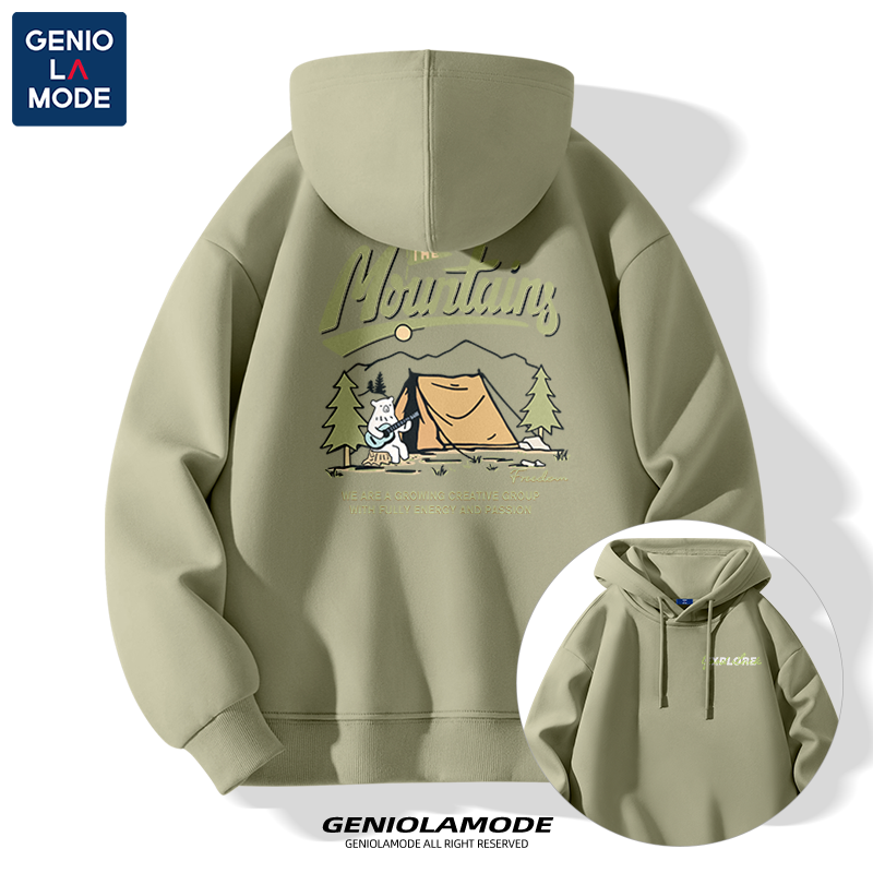 GENIOLAMODE绿色卫衣男连帽2025新款冬季休闲宽松重磅加绒套头衫