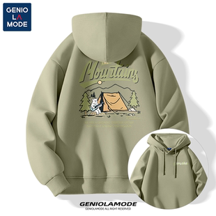 GENIOLAMODE绿色卫衣男连帽2025新款冬季休闲宽松重磅加绒套头衫