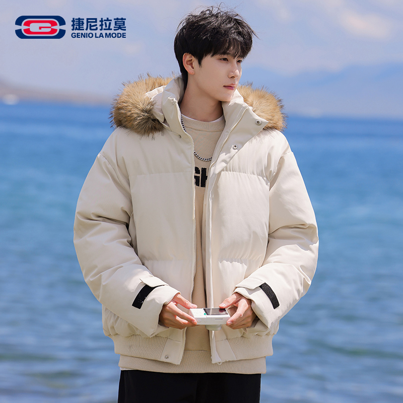捷尼拉莫美式连帽棉服男女冬季宽松加厚可拆卸毛领短款棉衣外套男
