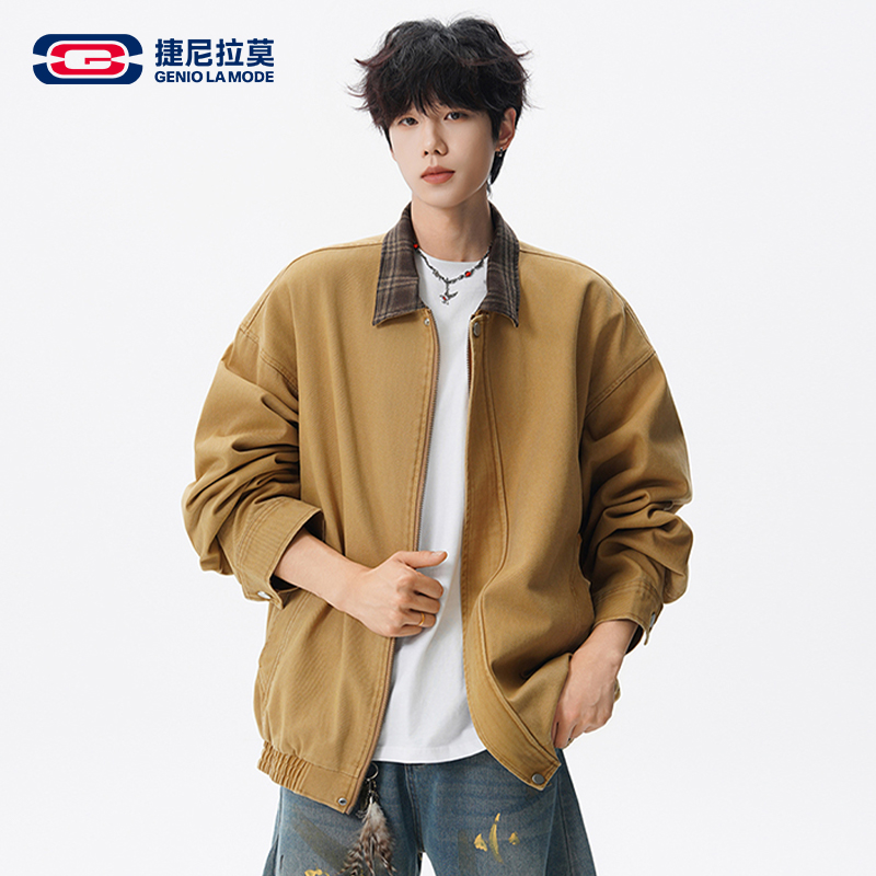 捷尼拉莫美式复古夹克男生棕色巴恩风水洗做旧假两件外套男士冬装