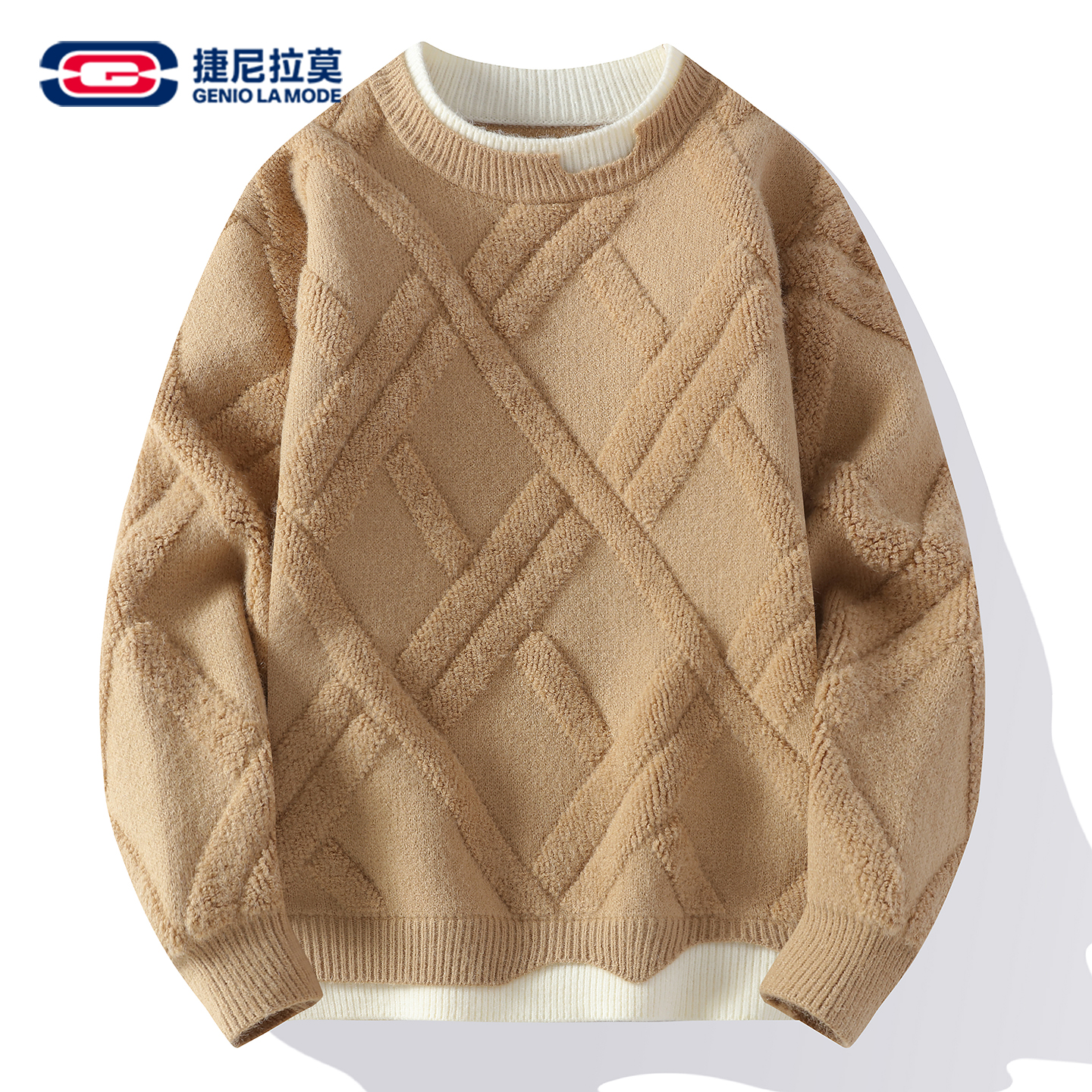 GENIOLAMODE圆领毛衣男士棱格提花痞帅毛衫秋冬保暖加厚针织内搭