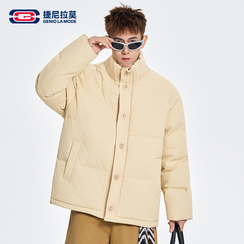 捷尼拉莫加绒棉服男款潮牌复古宽松休闲外套冬季立领拼接毛线棉衣