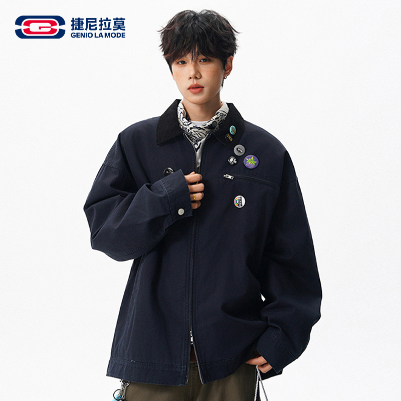 捷尼拉莫底特律夹克男款撞色翻领工装外套男冬季美式街头纯棉上衣