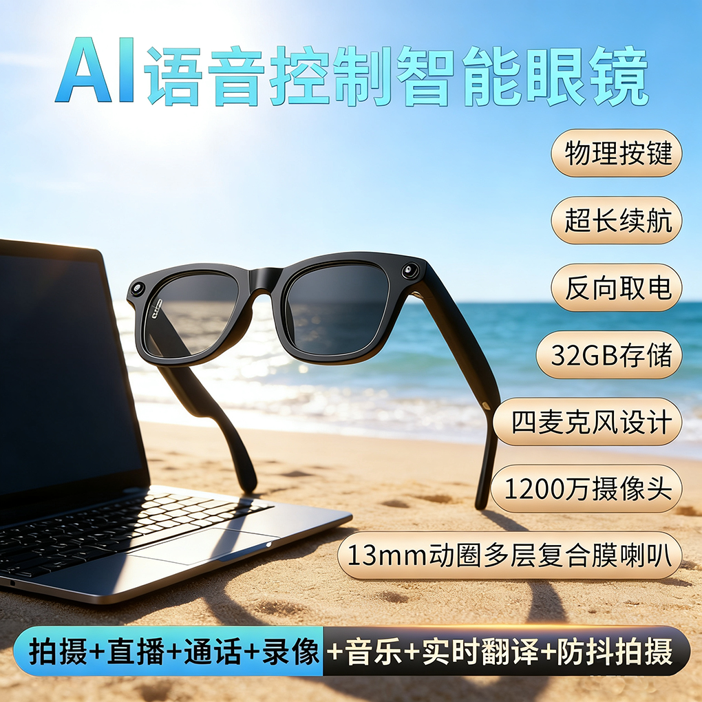 AI语音智能眼镜1200万摄像头防抖拍摄32G存储蓝牙通话音乐长续航