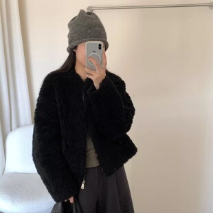 羊剪绒复合皮毛一体皮草秋冬外套女款V领拉链小个子毛毛休闲款新