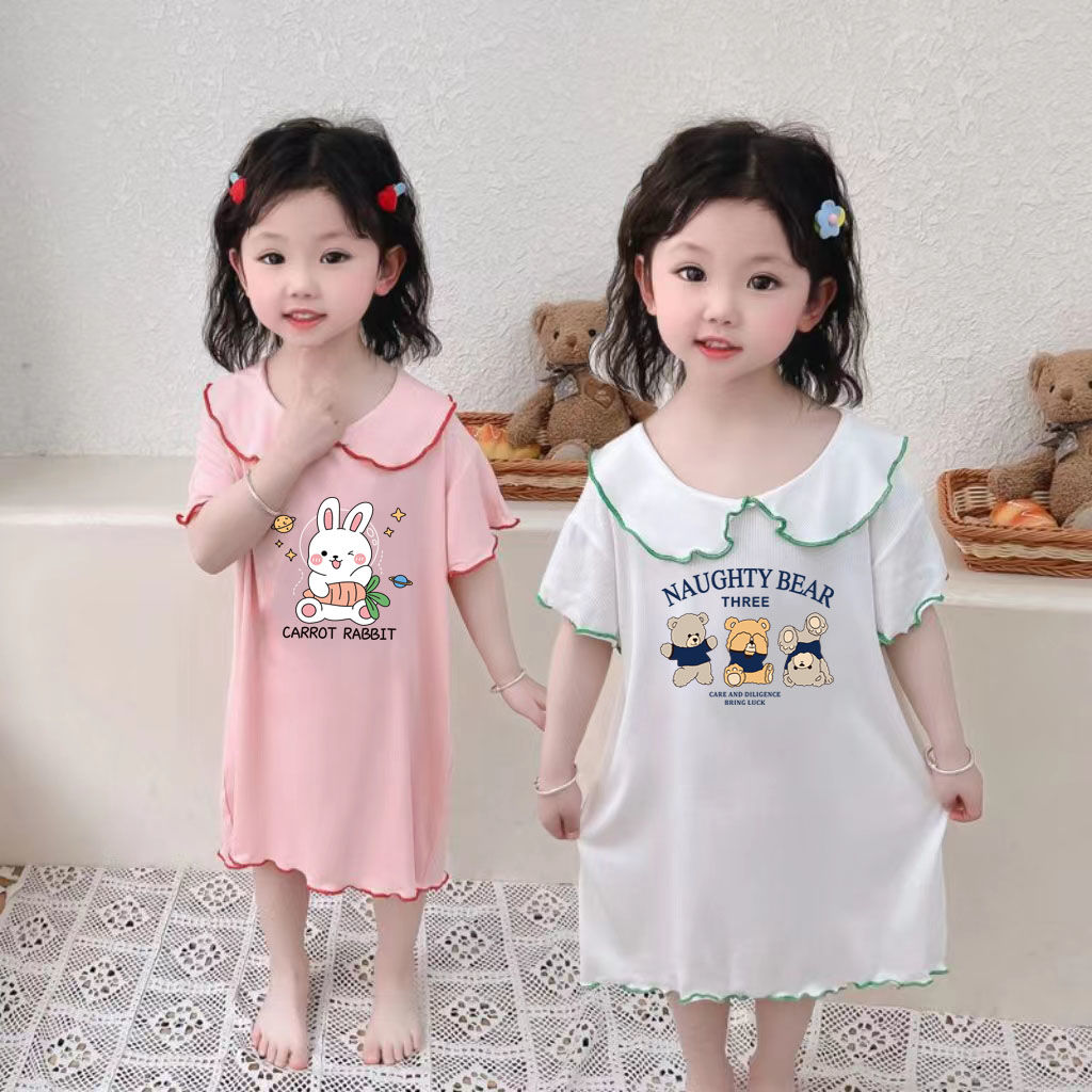 女童睡裙公主风夏季薄款卡通印花小女孩儿童睡衣女可爱娃娃领睡裙