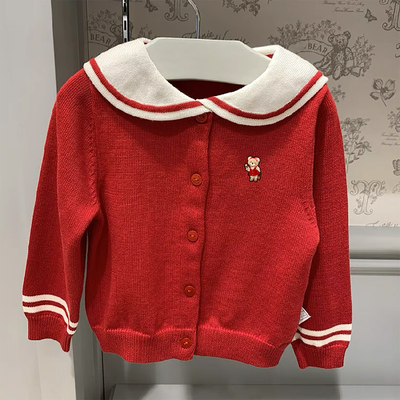 chris童装25春秋新款女童棉翻领针织开衫中大童休闲保暖毛衣外套