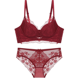 红色内衣女本命年内裤一套小胸聚拢防下垂结婚新娘子性感蕾丝文胸