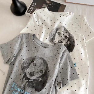 复古美式 新款 正肩百搭显瘦上衣7049 T恤女26夏季 小狗波点满印短袖
