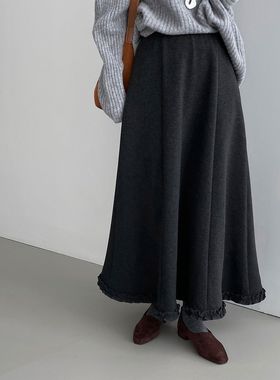 那末韩系设计感木耳边加绒半身裙女加厚保暖垂感大摆A字裙J5708