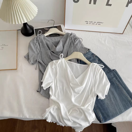 超舒服手感棉!感荡领夏显瘦正肩短袖设计感短袖t恤女上衣7151