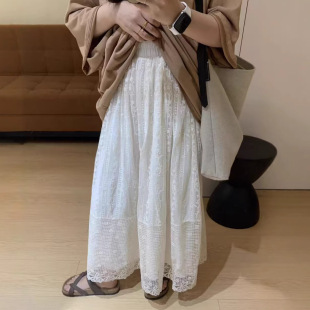 a字裙长裙 宽松显瘦大版 日系纯色复古蕾丝刺绣半身裙女 春夏新款