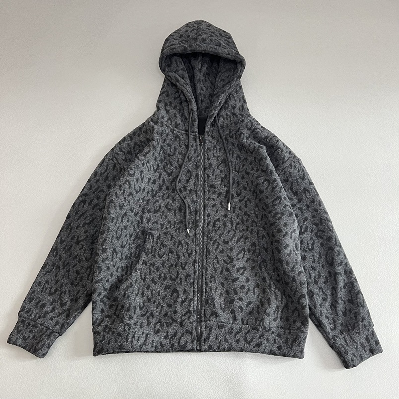桑蚕丝豹纹连帽卫衣加绒加厚女灰色拉链开衫宽松百搭街头时髦外套