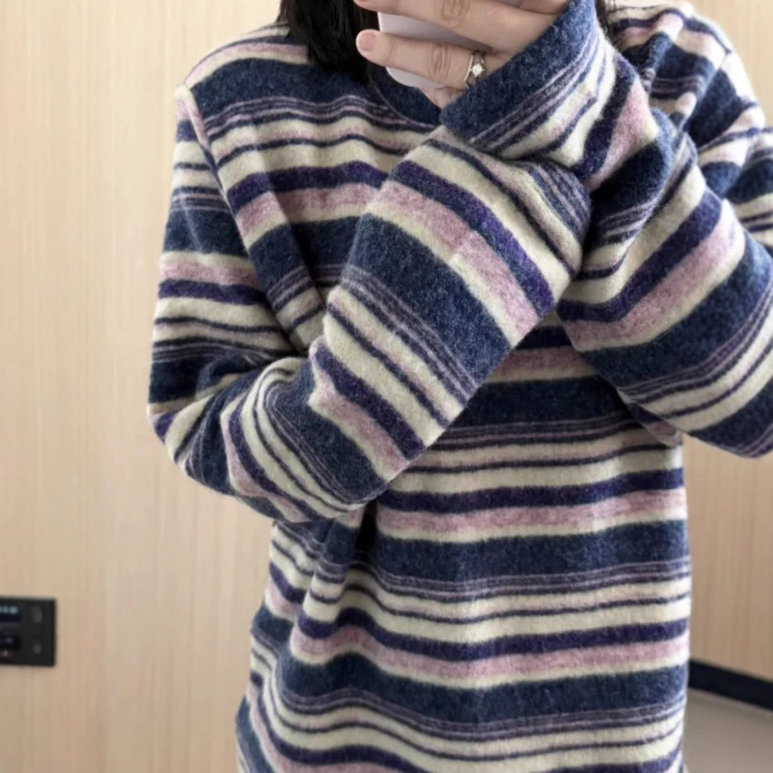 秋冬加厚条纹双面绒保暖打底衫女