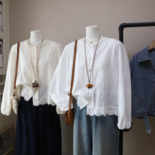 比正 衬衫 2026早春新款 花边圆领减龄刺绣显瘦泡泡长袖 女5853 韩版