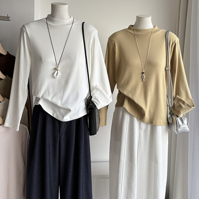 比正]2026秋季新品 韩版纯色半高领长袖打底衫女显瘦百搭上衣7274