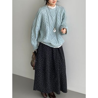 那末韩系复古文艺感圆领麻花毛衣女宽松慵懒风加厚卷边上衣Y1444