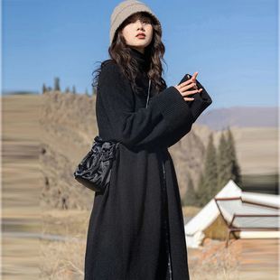 黑色毛衣外套中长款宽松慵懒风2025韩版加厚针织开衫外穿上衣女秋