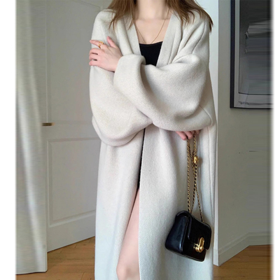 2025新款气质长款针织开衫外套女宽松针织上衣V领中长款毛衣开衫