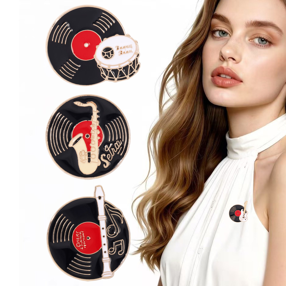 新款跨境创意音乐元素胸针女个性装饰黑胶片配色时尚配饰徽章