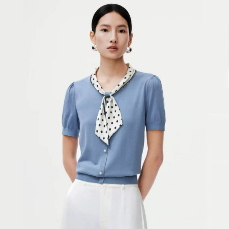 2026夏季新品女装娜家商场同款高级感撞色圆点丝巾领显瘦针织衫
