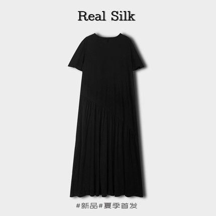桑蚕丝真丝加捻丝荷叶边连衣裙夏季款休闲百搭黑色显瘦长裙