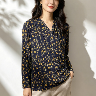 桑蚕丝长袖衫女V领针织斜襟假开衫2026春季新款宽松薄款套头上衣