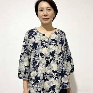 显瘦文艺衬衫 棉麻渲染复古怀旧中袖 宽松大码 女2026春装 圆领打底衫