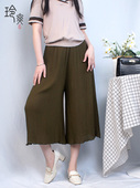 夏季 高腰松紧褶皱丝麻阔腿裤 薄款 新款 真丝七分裤 妈妈装 桑蚕丝裙裤