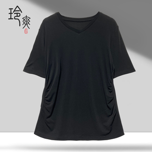 桑蚕丝真丝加捻丝褶皱短袖t恤女2026年春夏季V领T恤休闲百搭上衣