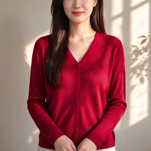 桑蚕丝针织真丝长袖开衫外套女装秋季新款休闲百搭透气打底衫