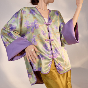 AYOMIS【漱玉生香】国风禅意春夏新中式紫色美人蕉印花宽松外套女
