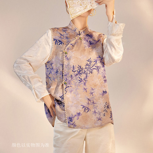 青花玉瓷新中式斜襟无袖马甲女
