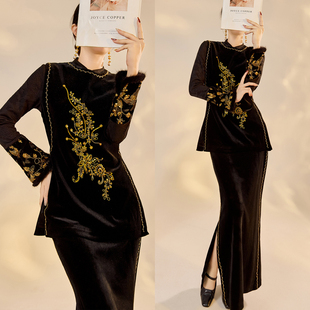 AYOMIS【墨韵金枝】新中式重工珠管绣黑金丝绒系带马甲+半裙套装