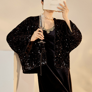 AYOMIS新中式盘扣气质外套2025秋冬气质优雅黑色全亮片加棉上衣女