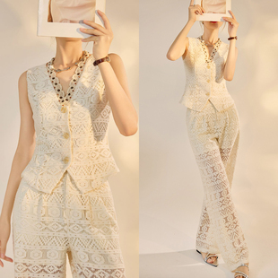 AYOMIS【卡普里岛】波西风蕾丝套装2025夏季新品OL通勤马甲+长裤