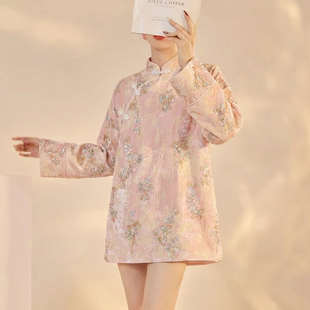 AYOMIS【绫罗琉璃】新中式丝绒烧花珠加绒小个子短裙长款汉服上衣