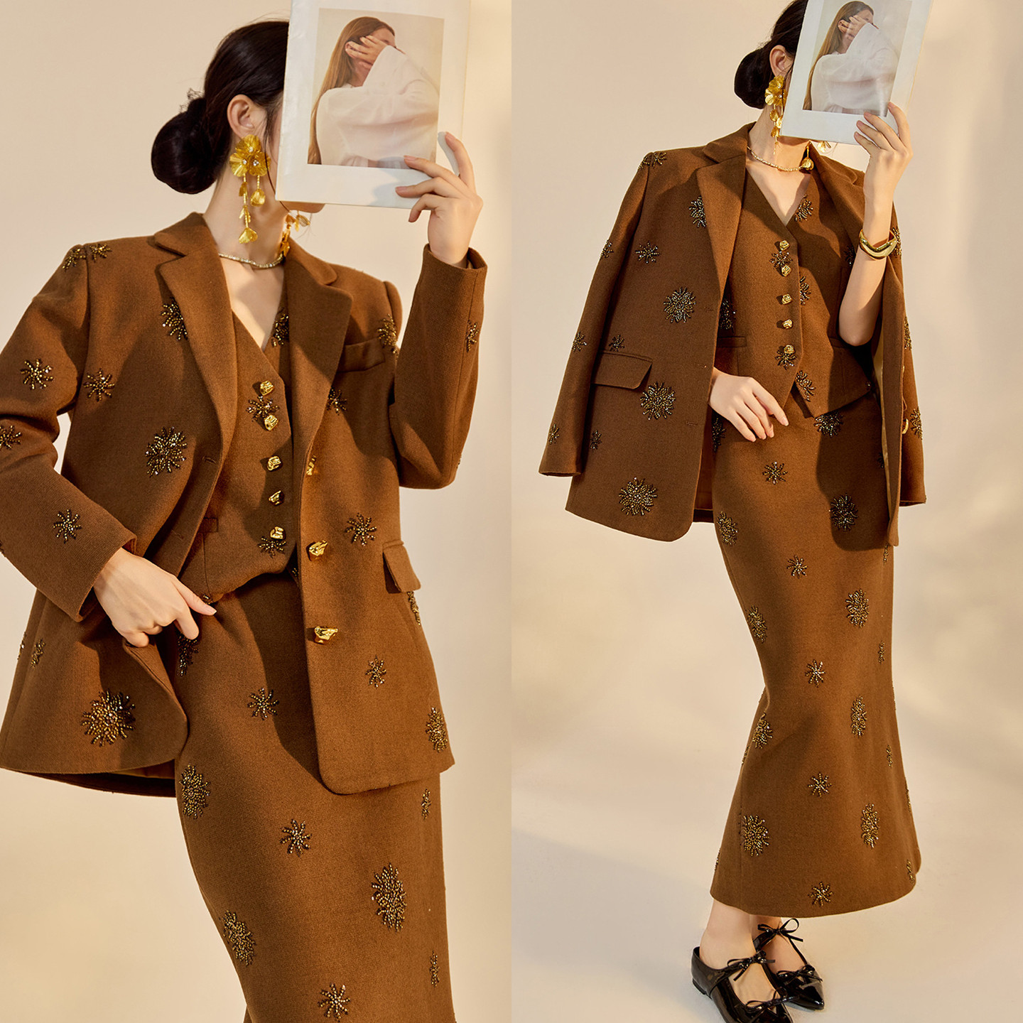 AYOMIS【钟楚曦同款】珠管绣翻领西装外套气质马甲半裙时尚3件套