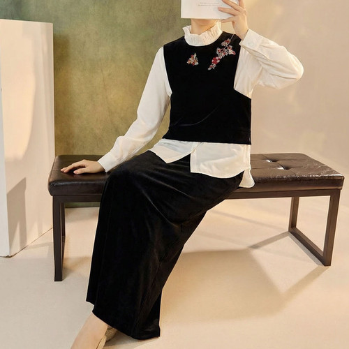 新中式丝绒钉珠马甲秋装汉服套装