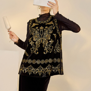 AYOMIS轻奢重工黑金蝴蝶刺绣丝绒马甲秋冬新中式圆领无袖背心上衣