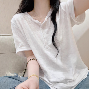 白色竹节棉宽松卷边T恤女夏季短袖正肩设计感慵懒风休闲薄款上衣