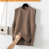 马甲背心女侧面开叉宽松大码 2025秋冬中长款 圆领套头针织无袖 马夹
