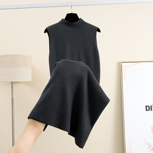 2025秋冬新款羊毛半高领针织连衣裙女中长款无袖背心内搭打底裙子