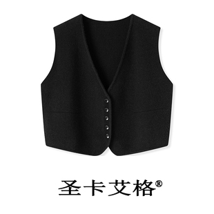 欧货针织西装马夹女秋冬V领叠穿毛呢短款小马甲无袖外穿毛衣背心