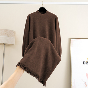 设计款秋冬半高领长袖针织连衣裙女中长款过膝宽松显瘦外穿内搭裙