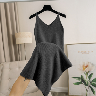 修身羊毛纯色针织吊带连衣裙女