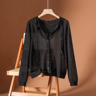 冰丝针织开衫外套连帽上衣女2025春夏新款宽松大码配吊带防晒衫薄