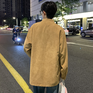 QT715-801-P55港风春秋大码复古灯芯绒长袖衬衫外套-灰图片