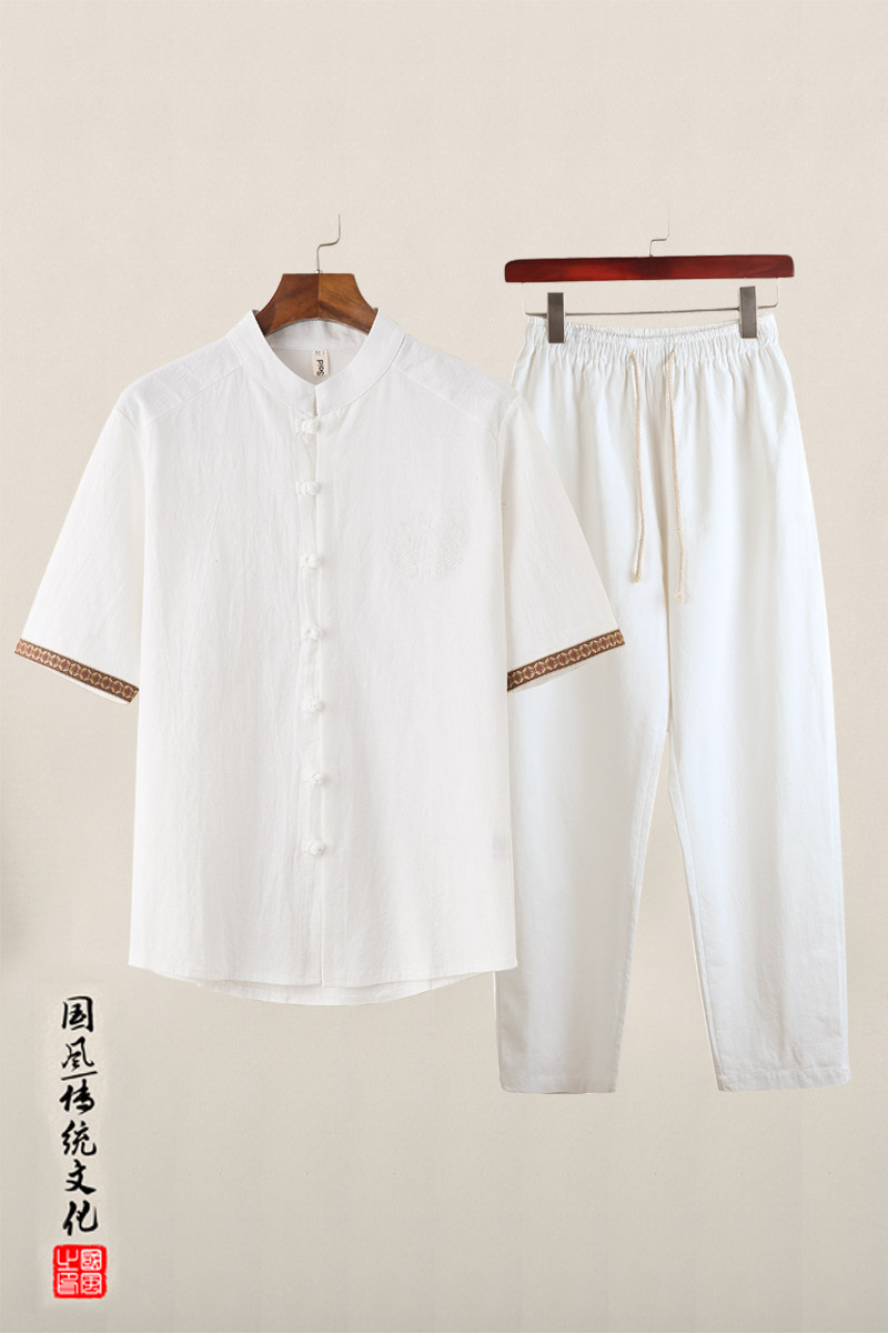 QT715-tz7056-P80风棉麻短袖衬衫两件套装-白,男装T恤,钱塘715